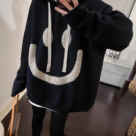 Smile Face Print Drawstring Hoodie, Casual Long Sleeve Drop Shoulder Top, Women's Clothing Smile Face Print Drawstring Hoodie, Casual Long Sleeve Drop Shoulder Top, Women's Clothing