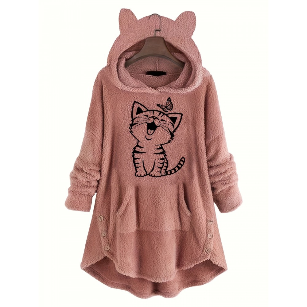 Cat & Butterfly Print Teddy Hoodie, Casual Long Sleeve Kangaroo Pocket Hoodie Sweatshirt, Women's Clothing Cat & Butterfly Print Teddy Hoodie, Casual Long Sleeve Kangaroo Pocket Hoodie Sweatshirt, Women's Clothing