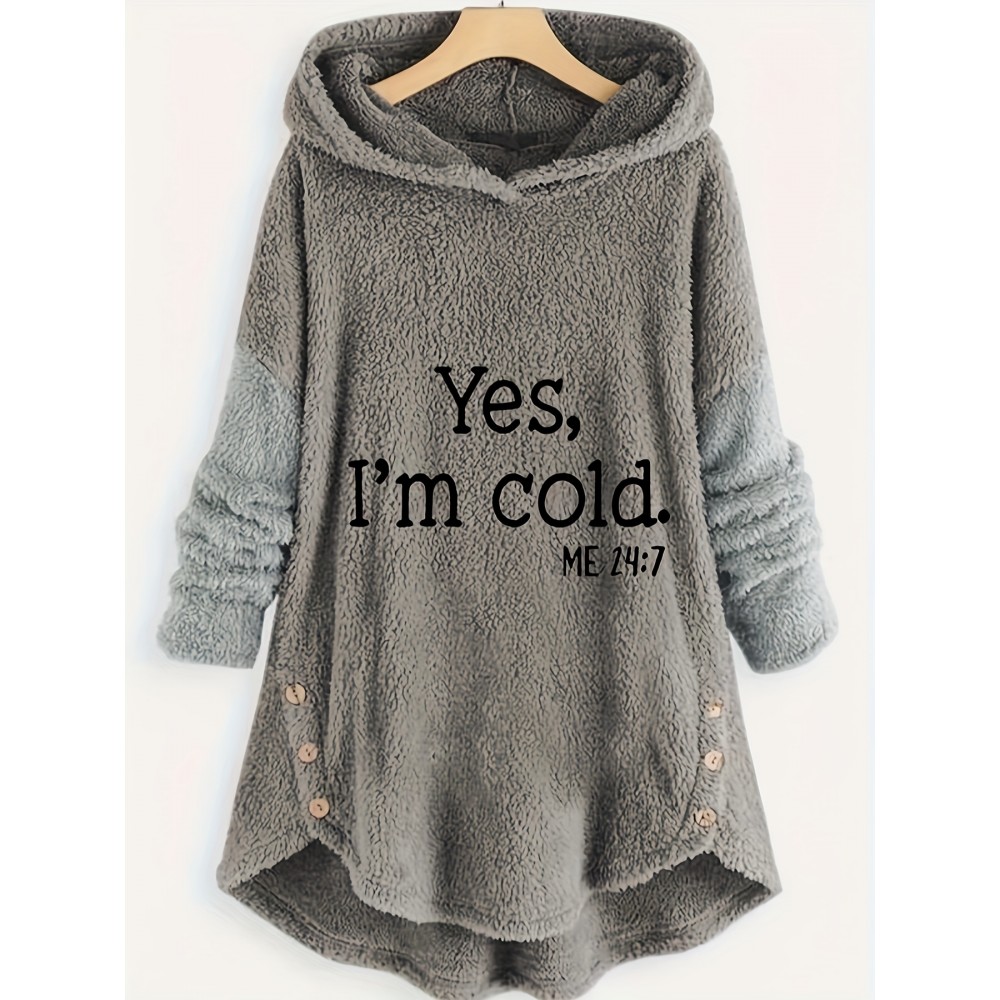 Letter Print Button Decor Teddy Hoodie, Casual Long Sleeve Hoodie Sweatshirt, Women's Clothing Letter Print Button Decor Teddy Hoodie, Casual Long Sleeve Hoodie Sweatshirt, Women's Clothing