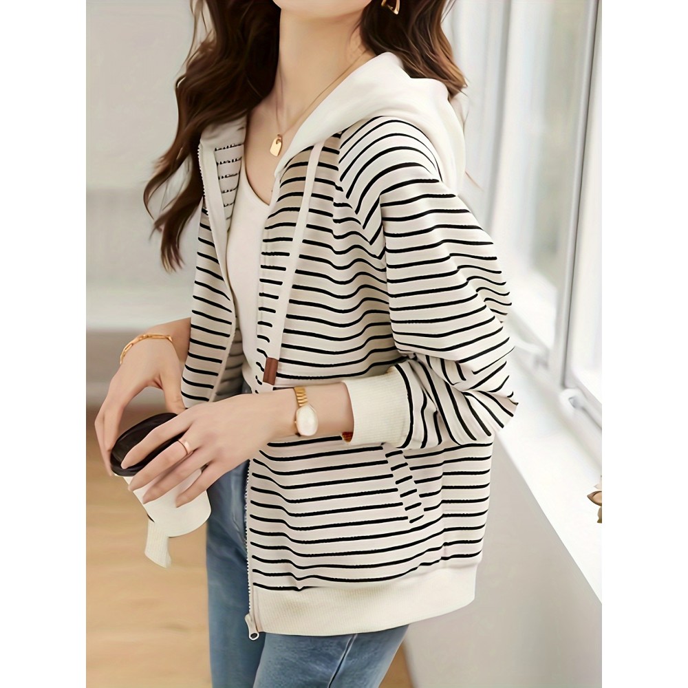 Striped Zip Up Hoodie, Casual Long Sleeve Drawstring Hoodies Sweatshirt, Women's Clothing Striped Zip Up Hoodie, Casual Long Sleeve Drawstring Hoodies Sweatshirt, Women's Clothing