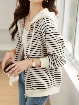 Striped Zip Up Hoodie, Casual Long Sleeve Drawstring Hoodies Sweatshirt, Women's Clothing