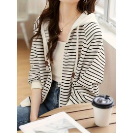 Striped Zip Up Hoodie, Casual Long Sleeve Drawstring Hoodies Sweatshirt, Women's Clothing Striped Zip Up Hoodie, Casual Long Sleeve Drawstring Hoodies Sweatshirt, Women's Clothing