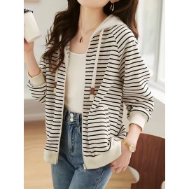 Striped Zip Up Hoodie, Casual Long Sleeve Drawstring Hoodies Sweatshirt, Women's Clothing Striped Zip Up Hoodie, Casual Long Sleeve Drawstring Hoodies Sweatshirt, Women's Clothing