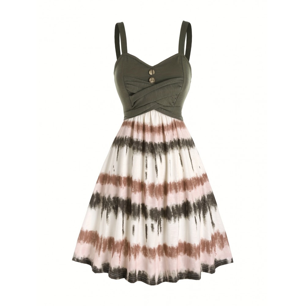 Tie Dye Print Fake Button Dress, Casual Sleeveless Backless For Summer, Women's Clothing Tie Dye Print Fake Button Dress, Casual Sleeveless Backless For Summer, Women's Clothing
