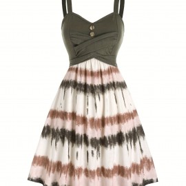 Tie Dye Print Fake Button Dress, Casual Sleeveless Backless For Summer, Women's Clothing Tie Dye Print Fake Button Dress, Casual Sleeveless Backless For Summer, Women's Clothing