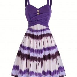 Tie Dye Print Fake Button Dress, Casual Sleeveless Backless For Summer, Women's Clothing Tie Dye Print Fake Button Dress, Casual Sleeveless Backless For Summer, Women's Clothing