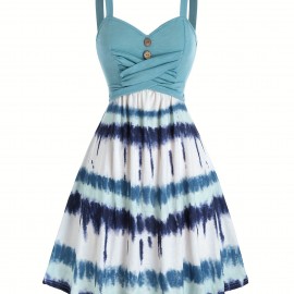 Tie Dye Print Fake Button Dress, Casual Sleeveless Backless For Summer, Women's Clothing Tie Dye Print Fake Button Dress, Casual Sleeveless Backless For Summer, Women's Clothing
