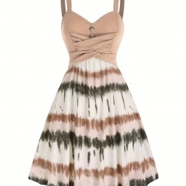 Tie Dye Print Fake Button Dress, Casual Sleeveless Backless For Summer, Women's Clothing Tie Dye Print Fake Button Dress, Casual Sleeveless Backless For Summer, Women's Clothing