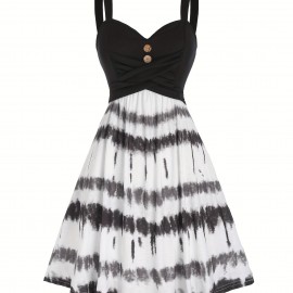 Tie Dye Print Fake Button Dress, Casual Sleeveless Backless For Summer, Women's Clothing Tie Dye Print Fake Button Dress, Casual Sleeveless Backless For Summer, Women's Clothing