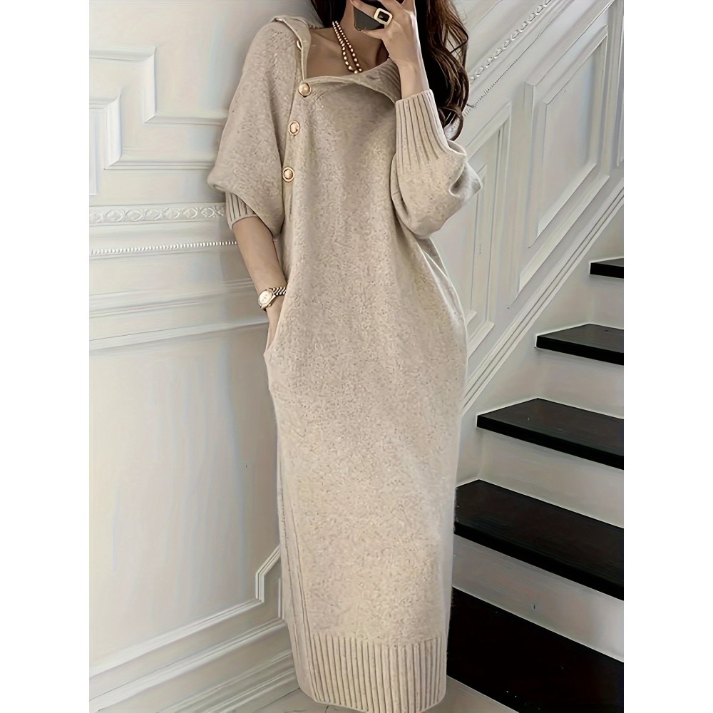 Solid Slant Button Belted Dress, Elegant Long Sleeve Maxi Dress For Fall & Winter, Women's Clothing Solid Slant Button Belted Dress, Elegant Long Sleeve Maxi Dress For Fall & Winter, Women's Clothing