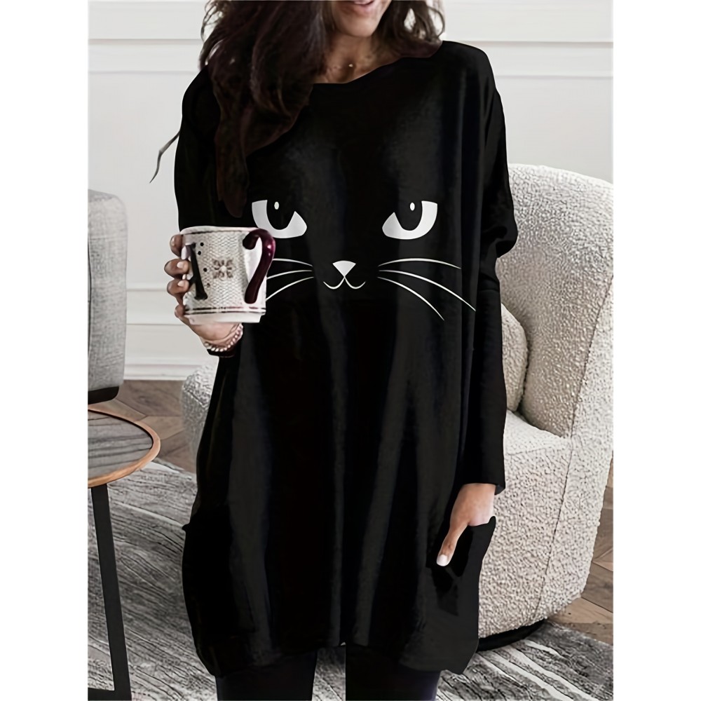 Cat Print Crew Neck Baggy Dress, Casual Long Sleeve Pocket Dress For Spring & Fall, Women's Clothing Cat Print Crew Neck Baggy Dress, Casual Long Sleeve Pocket Dress For Spring & Fall, Women's Clothing