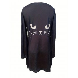 Cat Print Crew Neck Baggy Dress, Casual Long Sleeve Pocket Dress For Spring & Fall, Women's Clothing Cat Print Crew Neck Baggy Dress, Casual Long Sleeve Pocket Dress For Spring & Fall, Women's Clothing