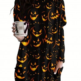 Cat Print Crew Neck Baggy Dress, Casual Long Sleeve Pocket Dress For Spring & Fall, Women's Clothing Cat Print Crew Neck Baggy Dress, Casual Long Sleeve Pocket Dress For Spring & Fall, Women's Clothing