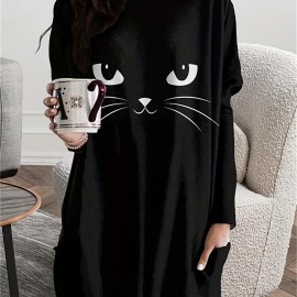 Cat Print Crew Neck Baggy Dress, Casual Long Sleeve Pocket Dress For Spring & Fall, Women's Clothing Cat Print Crew Neck Baggy Dress, Casual Long Sleeve Pocket Dress For Spring & Fall, Women's Clothing