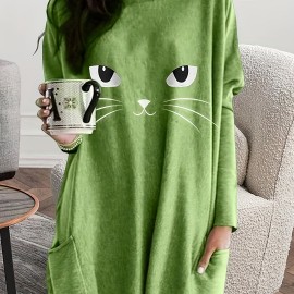 Cat Print Crew Neck Baggy Dress, Casual Long Sleeve Pocket Dress For Spring & Fall, Women's Clothing Cat Print Crew Neck Baggy Dress, Casual Long Sleeve Pocket Dress For Spring & Fall, Women's Clothing