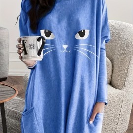 Cat Print Crew Neck Baggy Dress, Casual Long Sleeve Pocket Dress For Spring & Fall, Women's Clothing Cat Print Crew Neck Baggy Dress, Casual Long Sleeve Pocket Dress For Spring & Fall, Women's Clothing