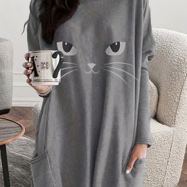 Cat Print Crew Neck Baggy Dress, Casual Long Sleeve Pocket Dress For Spring & Fall, Women's Clothing Cat Print Crew Neck Baggy Dress, Casual Long Sleeve Pocket Dress For Spring & Fall, Women's Clothing