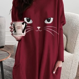 Cat Print Crew Neck Baggy Dress, Casual Long Sleeve Pocket Dress For Spring & Fall, Women's Clothing Cat Print Crew Neck Baggy Dress, Casual Long Sleeve Pocket Dress For Spring & Fall, Women's Clothing