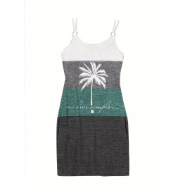 Color Block Coconut Tree Print Cami Dress, Casual Spaghetti Strap Dress, Women's Clothing Color Block Coconut Tree Print Cami Dress, Casual Spaghetti Strap Dress, Women's Clothing