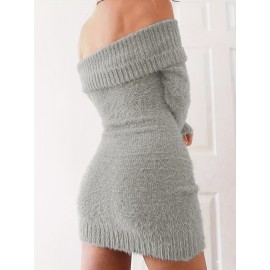 Off Shoulder Fuzzy Dress, Casual Long Sleeve Bodycon Dress, Women's Clothing Off Shoulder Fuzzy Dress, Casual Long Sleeve Bodycon Dress, Women's Clothing