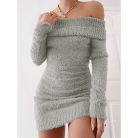 Off Shoulder Fuzzy Dress, Casual Long Sleeve Bodycon Dress, Women's Clothing Off Shoulder Fuzzy Dress, Casual Long Sleeve Bodycon Dress, Women's Clothing