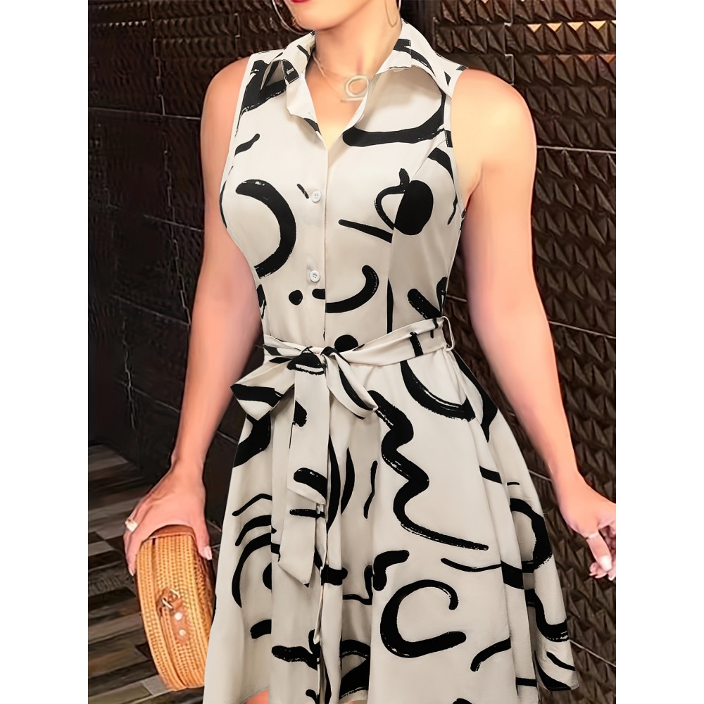 Abstract Print Button Front Sleeveless Dress, Casual Tie-waist Lapel Dress For Spring & Summer, Women's Clothing Abstract Print Button Front Sleeveless Dress, Casual Tie-waist Lapel Dress For Spring & Summer, Women's Clothing