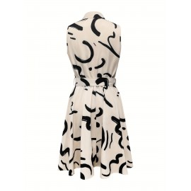Abstract Print Button Front Sleeveless Dress, Casual Tie-waist Lapel Dress For Spring & Summer, Women's Clothing Abstract Print Button Front Sleeveless Dress, Casual Tie-waist Lapel Dress For Spring & Summer, Women's Clothing