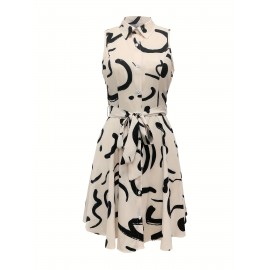 Abstract Print Button Front Sleeveless Dress, Casual Tie-waist Lapel Dress For Spring & Summer, Women's Clothing Abstract Print Button Front Sleeveless Dress, Casual Tie-waist Lapel Dress For Spring & Summer, Women's Clothing