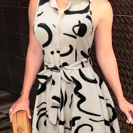 Abstract Print Button Front Sleeveless Dress, Casual Tie-waist Lapel Dress For Spring & Summer, Women's Clothing Abstract Print Button Front Sleeveless Dress, Casual Tie-waist Lapel Dress For Spring & Summer, Women's Clothing