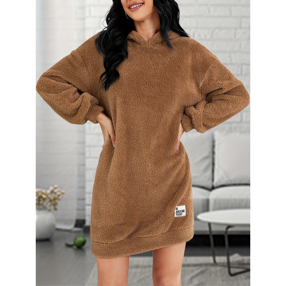 Letter Patched Teddy Hooded Dress, Casual Long Sleeve Mini Dress, Women's Clothing Letter Patched Teddy Hooded Dress, Casual Long Sleeve Mini Dress, Women's Clothing