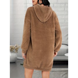 Letter Patched Teddy Hooded Dress, Casual Long Sleeve Mini Dress, Women's Clothing Letter Patched Teddy Hooded Dress, Casual Long Sleeve Mini Dress, Women's Clothing