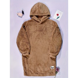 Letter Patched Teddy Hooded Dress, Casual Long Sleeve Mini Dress, Women's Clothing Letter Patched Teddy Hooded Dress, Casual Long Sleeve Mini Dress, Women's Clothing