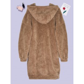 Letter Patched Teddy Hooded Dress, Casual Long Sleeve Mini Dress, Women's Clothing Letter Patched Teddy Hooded Dress, Casual Long Sleeve Mini Dress, Women's Clothing