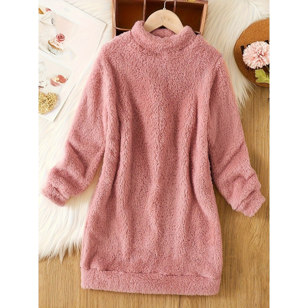 Solid Fuzzy Mock Neck Dress, Casual Long Sleeve Dress For Fall & Winter, Women's Clothing Solid Fuzzy Mock Neck Dress, Casual Long Sleeve Dress For Fall & Winter, Women's Clothing
