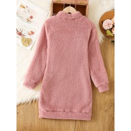 Solid Fuzzy Mock Neck Dress, Casual Long Sleeve Dress For Fall & Winter, Women's Clothing Solid Fuzzy Mock Neck Dress, Casual Long Sleeve Dress For Fall & Winter, Women's Clothing