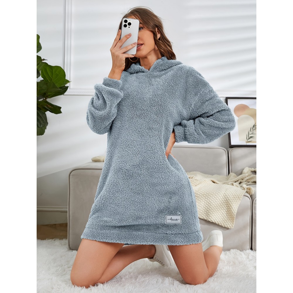 Hooded Teddy Dress, Casual Long Sleeve Simple Warm Dress, Women's Clothing Hooded Teddy Dress, Casual Long Sleeve Simple Warm Dress, Women's Clothing