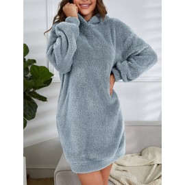 Hooded Teddy Dress, Casual Long Sleeve Simple Warm Dress, Women's Clothing Hooded Teddy Dress, Casual Long Sleeve Simple Warm Dress, Women's Clothing