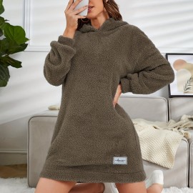 Hooded Teddy Dress, Casual Long Sleeve Simple Warm Dress, Women's Clothing Hooded Teddy Dress, Casual Long Sleeve Simple Warm Dress, Women's Clothing