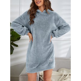 Hooded Teddy Dress, Casual Long Sleeve Simple Warm Dress, Women's Clothing Hooded Teddy Dress, Casual Long Sleeve Simple Warm Dress, Women's Clothing