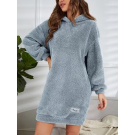 Hooded Teddy Dress, Casual Long Sleeve Simple Warm Dress, Women's Clothing Hooded Teddy Dress, Casual Long Sleeve Simple Warm Dress, Women's Clothing