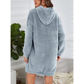 Hooded Teddy Dress, Casual Long Sleeve Simple Warm Dress, Women's Clothing Hooded Teddy Dress, Casual Long Sleeve Simple Warm Dress, Women's Clothing
