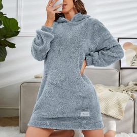 Hooded Teddy Dress, Casual Long Sleeve Simple Warm Dress, Women's Clothing Hooded Teddy Dress, Casual Long Sleeve Simple Warm Dress, Women's Clothing