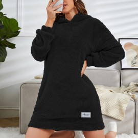 Hooded Teddy Dress, Casual Long Sleeve Simple Warm Dress, Women's Clothing Hooded Teddy Dress, Casual Long Sleeve Simple Warm Dress, Women's Clothing