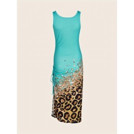 Leopard Print Drawstring Dress, Sexy Crew Neck Sleeveless Maxi Dress, Women's Clothing Leopard Print Drawstring Dress, Sexy Crew Neck Sleeveless Maxi Dress, Women's Clothing