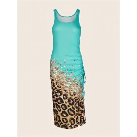 Leopard Print Drawstring Dress, Sexy Crew Neck Sleeveless Maxi Dress, Women's Clothing Leopard Print Drawstring Dress, Sexy Crew Neck Sleeveless Maxi Dress, Women's Clothing