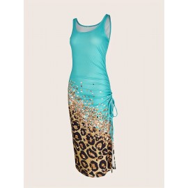 Leopard Print Drawstring Dress, Sexy Crew Neck Sleeveless Maxi Dress, Women's Clothing Leopard Print Drawstring Dress, Sexy Crew Neck Sleeveless Maxi Dress, Women's Clothing