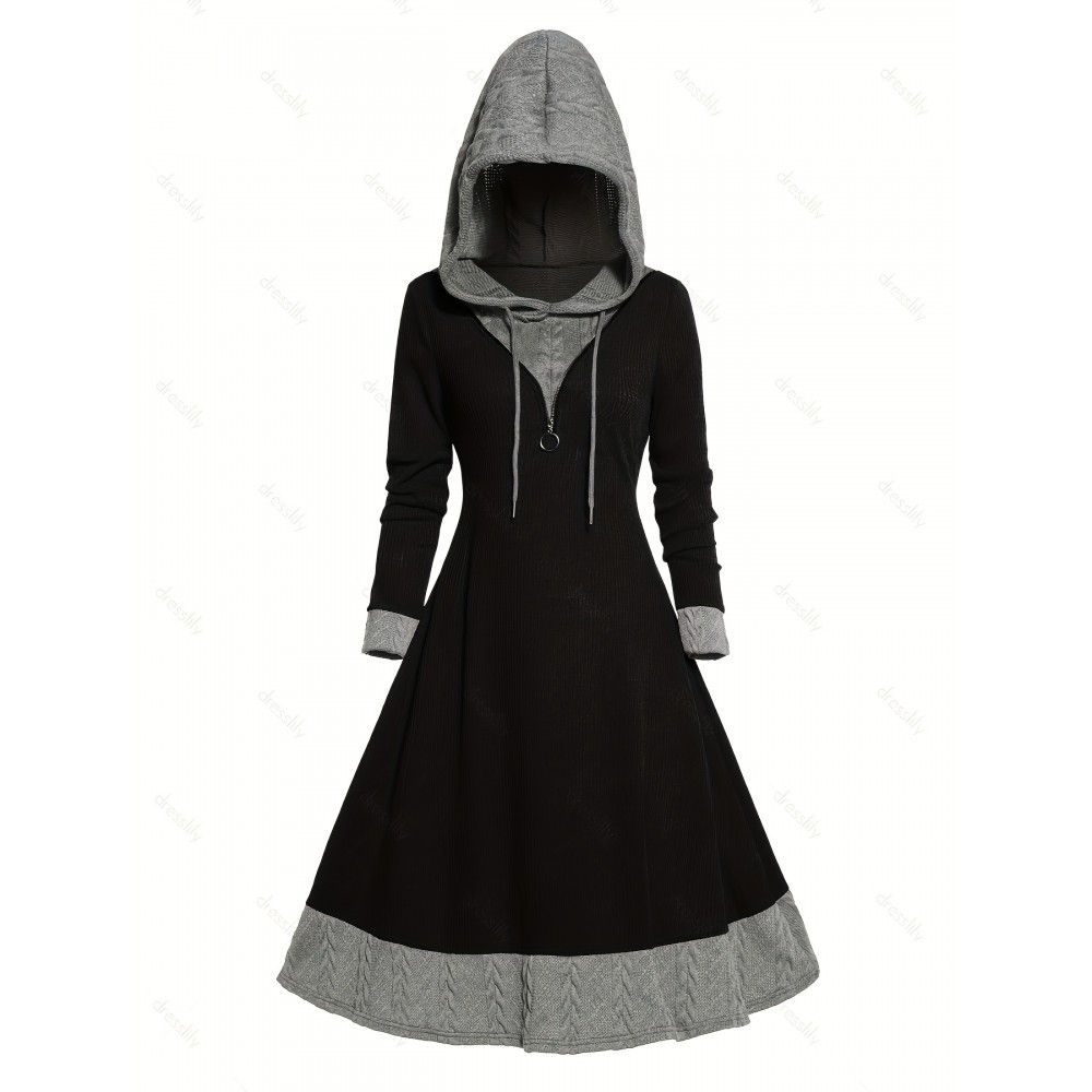 Contrast Trim Drawstring Hooded Dress, Casual Long Sleeve Dress For Spring & Fall, Women's Clothing Contrast Trim Drawstring Hooded Dress, Casual Long Sleeve Dress For Spring & Fall, Women's Clothing