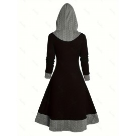 Contrast Trim Drawstring Hooded Dress, Casual Long Sleeve Dress For Spring & Fall, Women's Clothing Contrast Trim Drawstring Hooded Dress, Casual Long Sleeve Dress For Spring & Fall, Women's Clothing