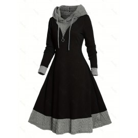 Contrast Trim Drawstring Hooded Dress, Casual Long Sleeve Dress For Spring & Fall, Women's Clothing Contrast Trim Drawstring Hooded Dress, Casual Long Sleeve Dress For Spring & Fall, Women's Clothing