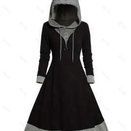 Contrast Trim Drawstring Hooded Dress, Casual Long Sleeve Dress For Spring & Fall, Women's Clothing Contrast Trim Drawstring Hooded Dress, Casual Long Sleeve Dress For Spring & Fall, Women's Clothing